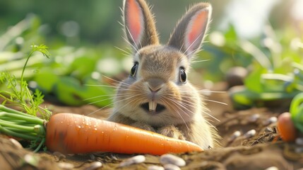 Realistic rabbit and his favorite food carrot