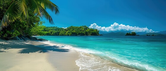 Fototapeta premium Tranquil Paradise: Stunning Scenic View of a Tropical Summer Beach with Turquoise Waters