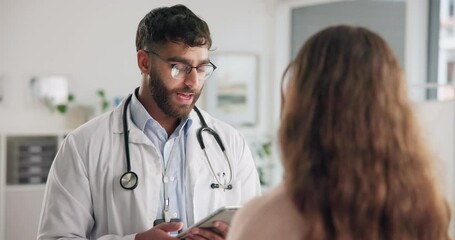 Male, doctor and tech with woman, patient and advice for wellness or consultation in hospital or clinic. Healthcare professional, tablet and people in office for diagnosis, results or support
