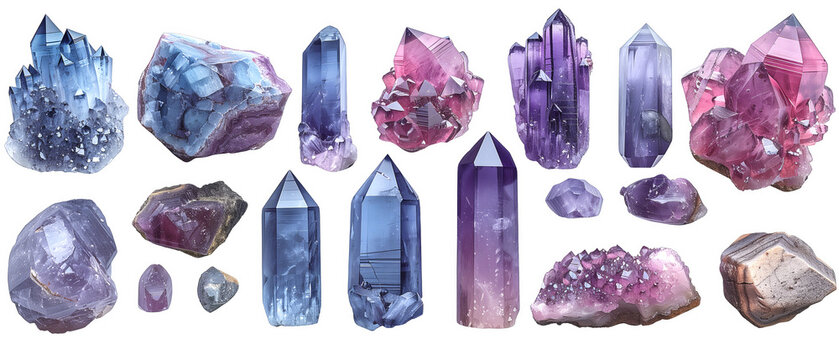 Ultra Realistic Tanzanite Crystals on a transparent background, mineral, gemstone, colorful gradient crystal stone chunks, png file, cut off bg, alpha channel, 300 dpi 