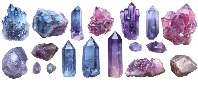 Ultra Realistic Tanzanite Crystals on a transparent background, mineral, gemstone, colorful gradient crystal stone chunks, png file, cut off bg, alpha channel, 300 dpi 