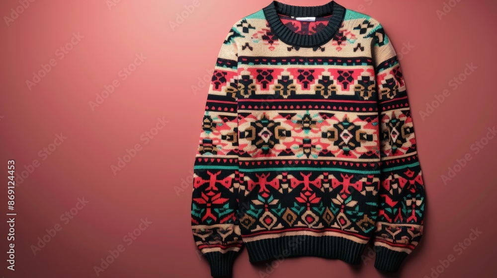 Poster A close-up of a colorful sweater with a geometric pattern