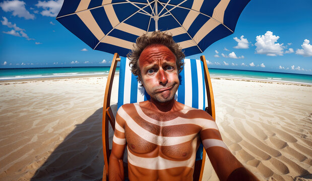 Man with Striped Sunburn Sits on Beach Chair Under Umbrella by the Sea