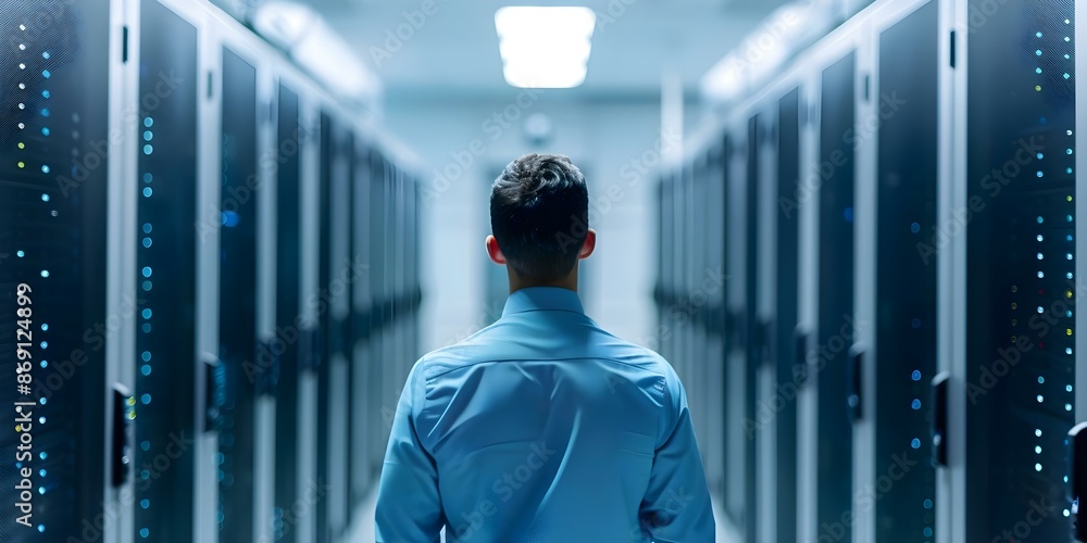 Poster man in large server room with racks of hardware and highspeed data transfer. concept technology, dat