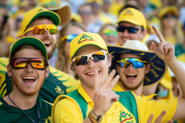 Energetic Celebration by Australian Cricket Enthusiasts. A spirited photo of Australian cricket fans clad in yellow and green, joyfully cheering and celebrating in a crowded stadium.