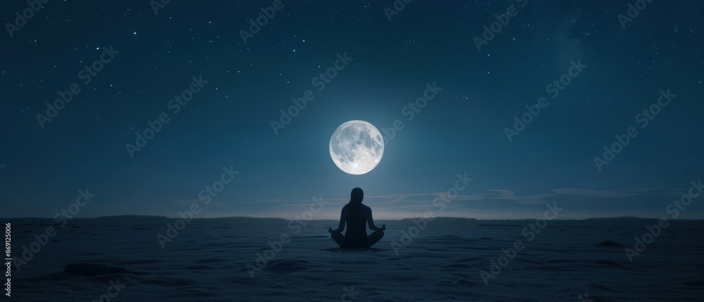 Wall mural person meditating under the full moon on a calm night, serene atmosphere with starry sky and lunar g