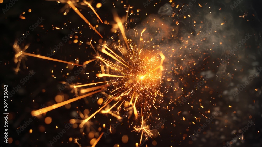 Poster a detailed, close-up view of a single firework exploding with bright orange sparks against a black b