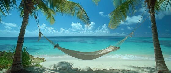 Tranquil Retreat: Empty Hammock Between Palm Trees on Secluded Summer Beach