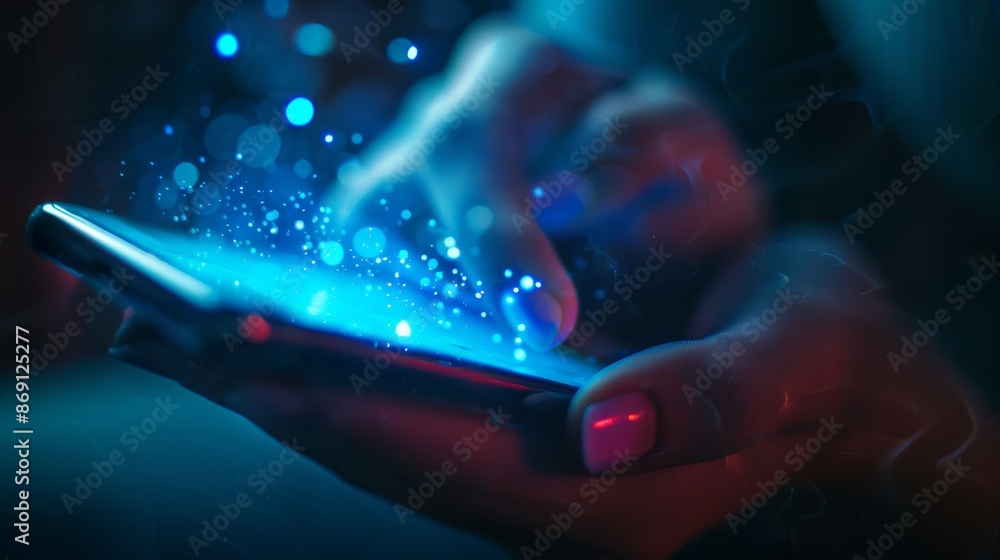 Poster close-up photo capturing the reflection of a glowing interactive holographic help text icon displaye