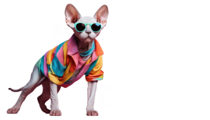 Cool Sphynx cat in sunglasses and colorful shirt striking a stylish pose isolate on transparent background, cutout, png