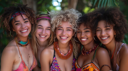 Fototapeta premium Group of Women Smiling in Bright Summer Outfits. Group of five women smiling in bright summer outfits, radiating joy and friendship in a tropical outdoor setting.