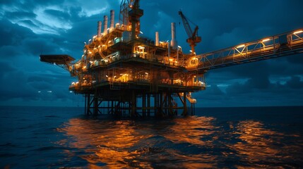 Twilight Offshore Oil Platform with Dramatic Sky. Offshore oil platform at twilight, illuminated against a dramatic sky with clouds, reflecting warm lights on the ocean.