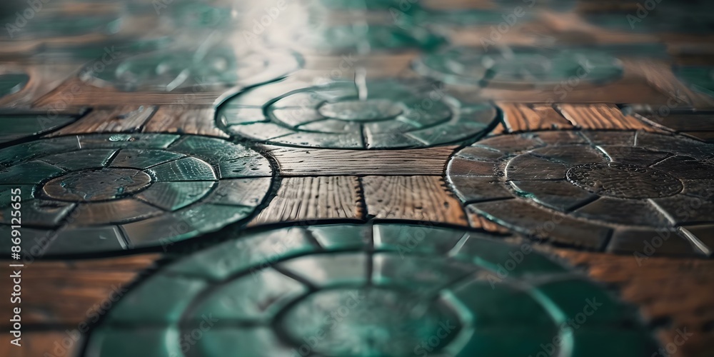 Poster creating a warm and inviting atmosphere with an intricately patterned green wooden floor. concept gr
