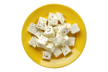 Feta cheese on a yellow plate isolated on transparent background