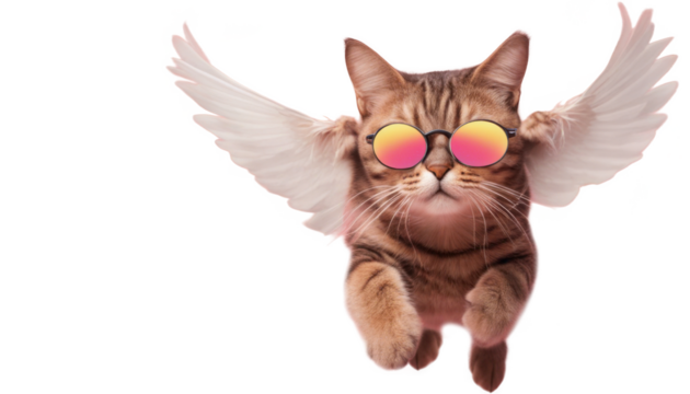 Cute tabby cat wearing sunglasses and angel wings flying through the air isolate on transparent background, cutout, png