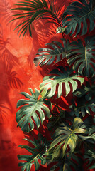 Fototapeta premium Green monstera leaves on red wall background