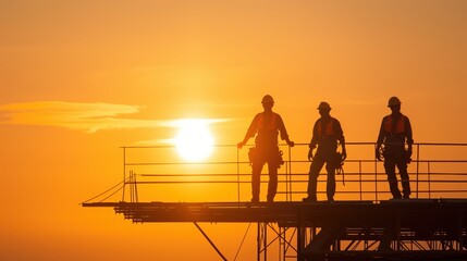 Naklejka premium Silhouetted oil workers on platform at sunset. Silhouetted oil workers on a platform at sunset, showcasing teamwork and the commitment of the energy sector workforce.