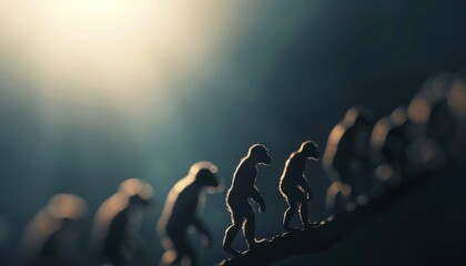 Silhouette of human evolution chart displayed with soft backlighting creating a dramatic effect, symbolizing progress and development.