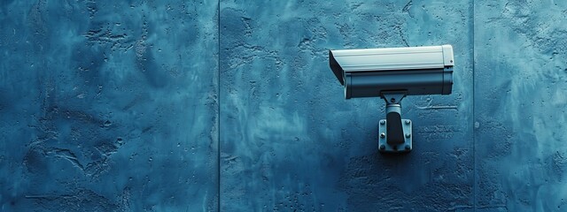  A camera positioned against a blue wall, adorned with water droplets, and framed by another identical blue background