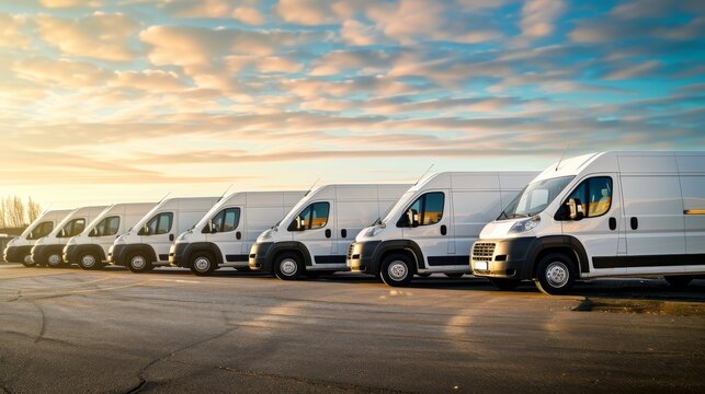 A row of white delivery vans are parked in a lot under a cloudy sunset sky. The vans represent reliability and transportation