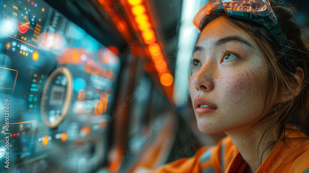 Poster engineer monitoring control panel. young female engineer in an orange uniform closely monitoring a h