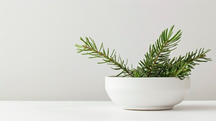 A close-up of evergreen branches in a white bowl