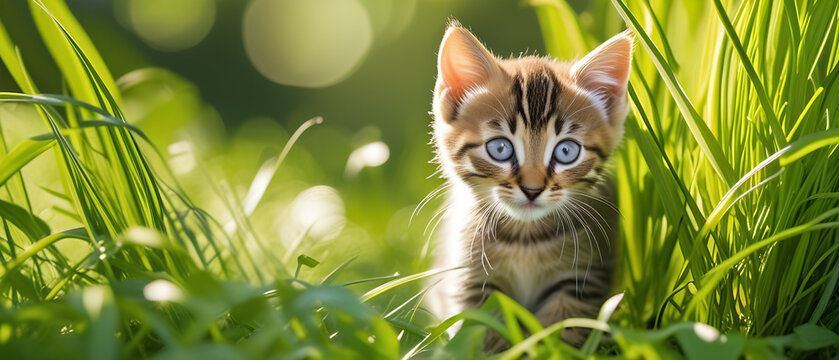 Beneath the dappled sunlight in a verdant garden, a young tabby kitten with mesmerizing eyes explores the lush grass, embodying the innocence and charm of domestic feline companionship amidst the unta