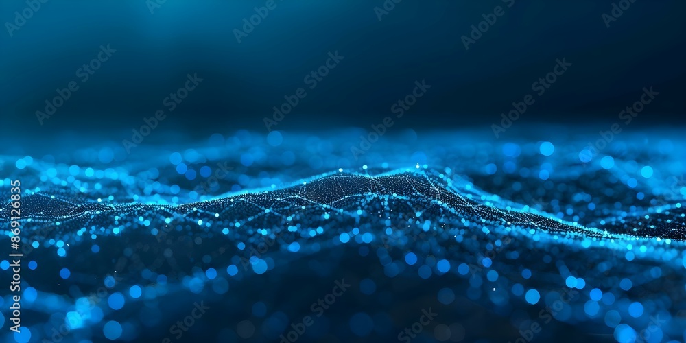 Poster cyberspace background with blue abstract design featuring dots, lines, and network security elements