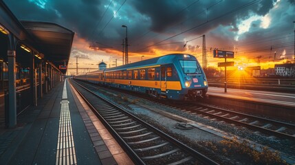 Naklejka premium Train Station at Sunset. Vibrant train station at sunset with a high-speed train on the tracks, capturing the serene beauty of urban transportation in twilight.
