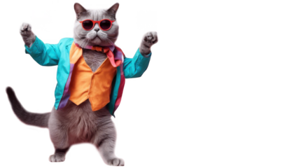 Stylish cat wearing sunglasses and colorful clothing, humor and fashion themes, isolate on transparent background, cutout, png