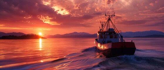 Naklejka premium Twilight Return: Fishing Boat Sailing Back to Shore in the Evening Glow