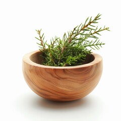 A single sprig of evergreen rests in a wooden bowl against a white background