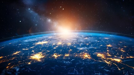 Obraz premium Digital Global Network and Cyber Connectivity with Earth Night Landscape