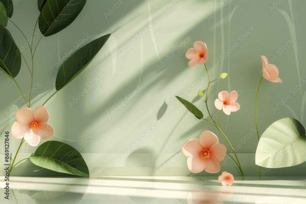 Poster a contemporary design featuring delicate pink flowers with geometric patterns against a green wall w