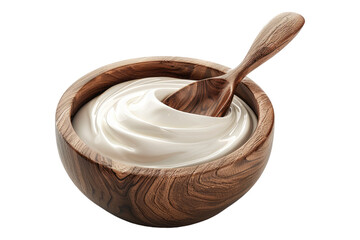 Greek yogurt in wooden bowl isolated on transparent background