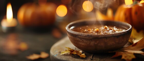 Warm autumn soup in a rustic bowl with colorful fall leaves and candles in the background, creating a cozy seasonal setting.