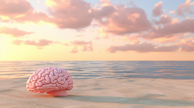 Enchanting image of a glowing brain on the beach at sunset.