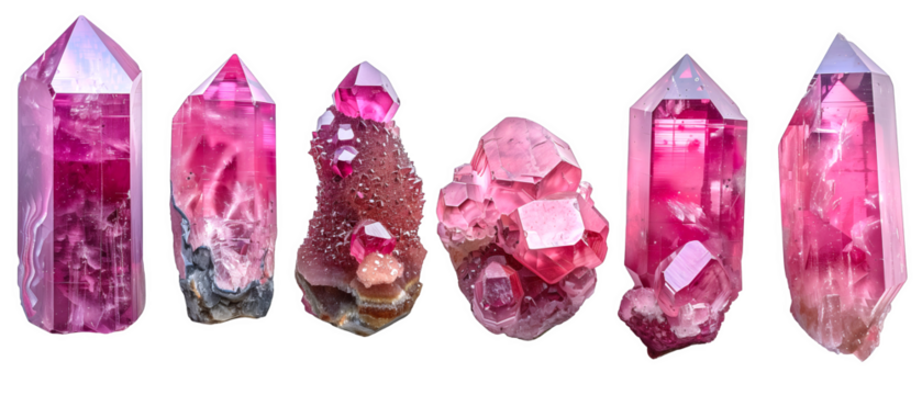 Ultra Realistic Ruby Crystals on a transparent background, mineral, gemstone, colorful gradient crystal stone chunks, png file, cut off bg, alpha channel, 300 dpi 