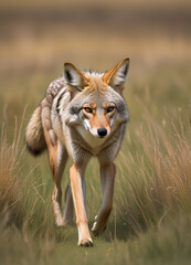 Fototapeta premium In the vast expanse of the wilderness, a sleek coyote prowls silently through the grass, its keen senses attuned to the rhythms of the natural world