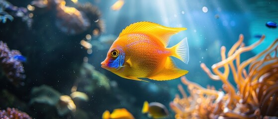 Fototapeta premium Serene Tropical Fish Gliding in Clear Waters near Vibrant Coral Reef