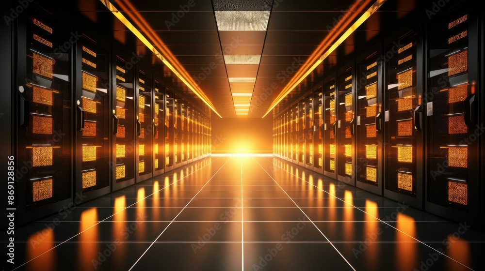 Poster cuttingedge data center featuring advanced technology, glowing lights, and powerful computing system