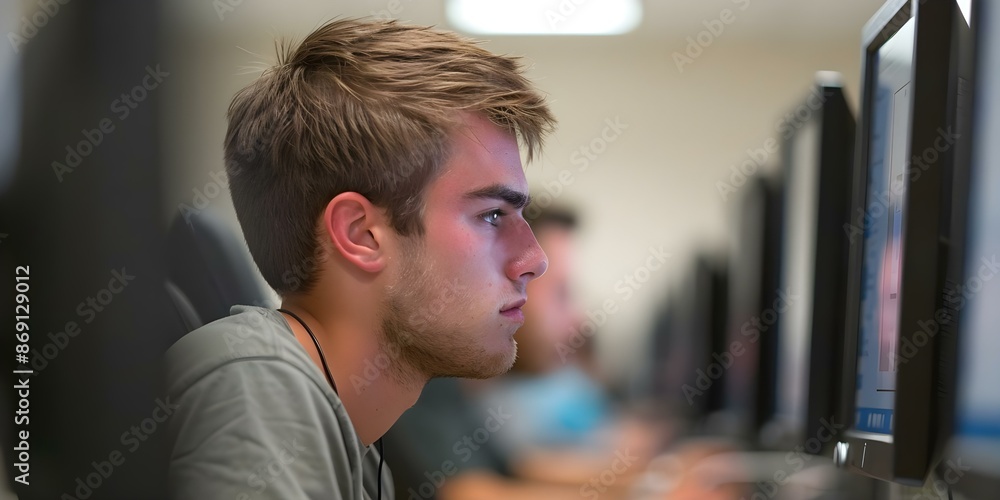 Aufkleber man gaining knowledge of technology in computer lab. concept technology education, computer skills, 