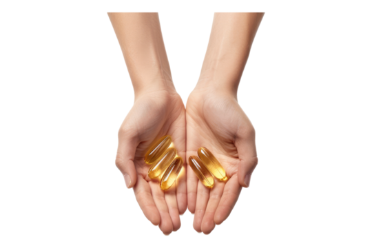 Hands holding omega 3 capsules isolated on transparent background