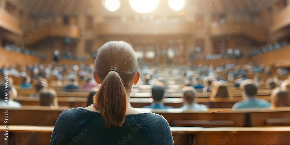 Poster realistic image of professor lecturing in university hall symbolizing knowledge sharing. concept edu
