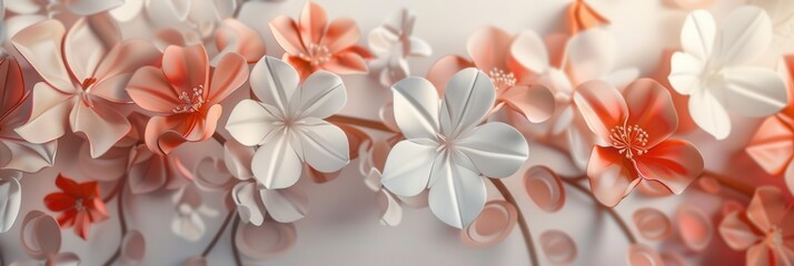Obraz premium A close-up image of stylized, minimalist geometric floral patterns in peach and white tones. Generative AI