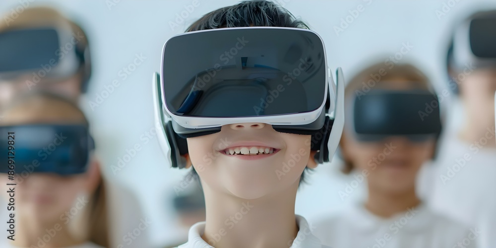 Poster aipowered vr headset for students enhancing classroom learning with interactive holograms. concept a
