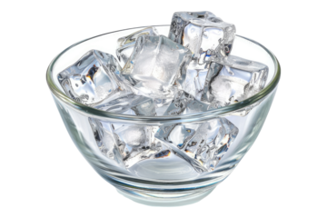 Ice cubes in a glass bowl isolated on transparent background