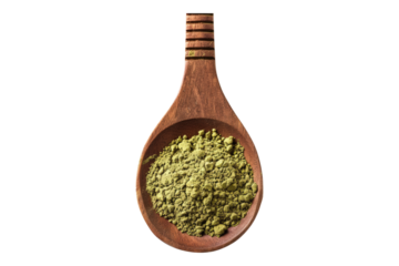 Green tea powder in a wooden spoon isolated on transparent background