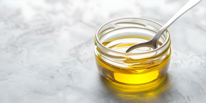 Glass Container Oil Pulling Remedy for Oral Health Wellness Routine. Concept Dental Care, Natural Remedies, Oral Health, Wellness Routine, Oil Pulling