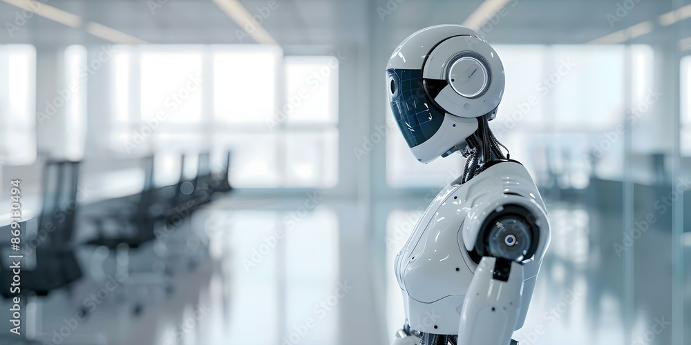 Poster futuristic robot in office replacing humans in job interviews. concept artificial intelligence, tech